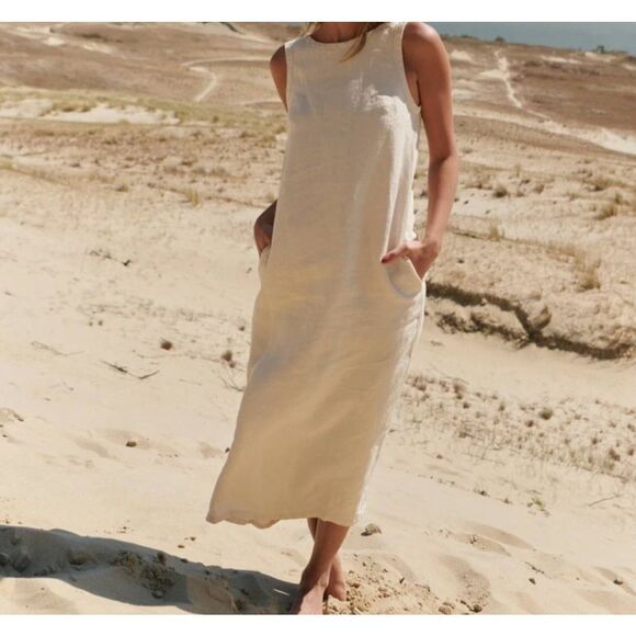 Sauths Linen Carmen Dress In White Sz Medium - Picture 1 of 4